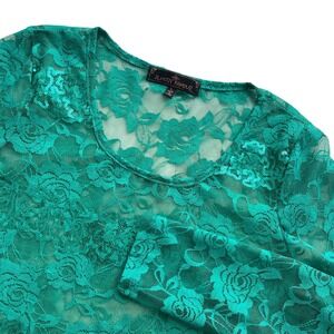 Almost Famous Women's L Emerald Green Teal Lace Sequin Sheer Long Sleeve Top Y2K